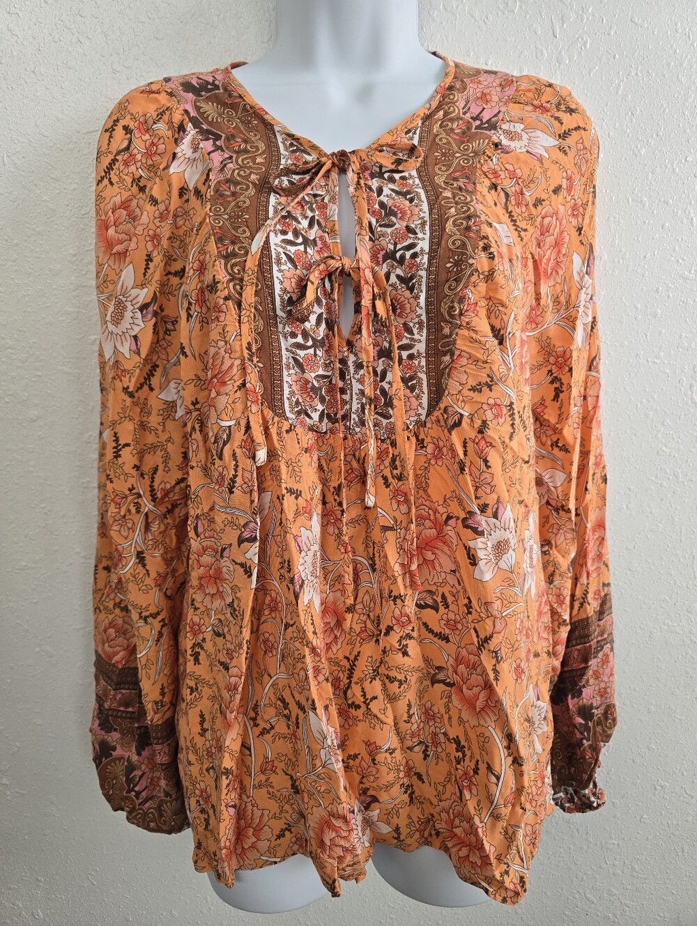 Miss Sparkling Boho Floral Peasant Blouse Size Medium Orange Long Sleeve - Picture 2 of 8
